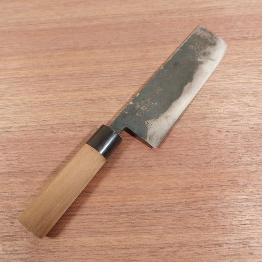 Izutsuki Kiya Nakiri Knife, Sharpened, Water Buffalo Handle, Kurouchi Finish, Yasuki Blue Paper Steel, 160mm