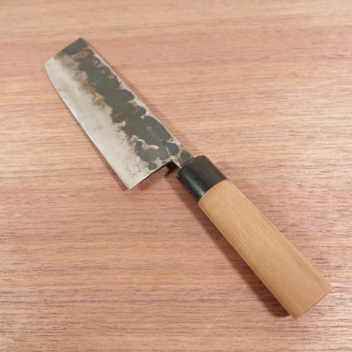 Izutsuki Kiya Nakiri Knife, Sharpened, Water Buffalo Handle, Kurouchi Finish, Yasuki Blue Paper Steel, 160mm