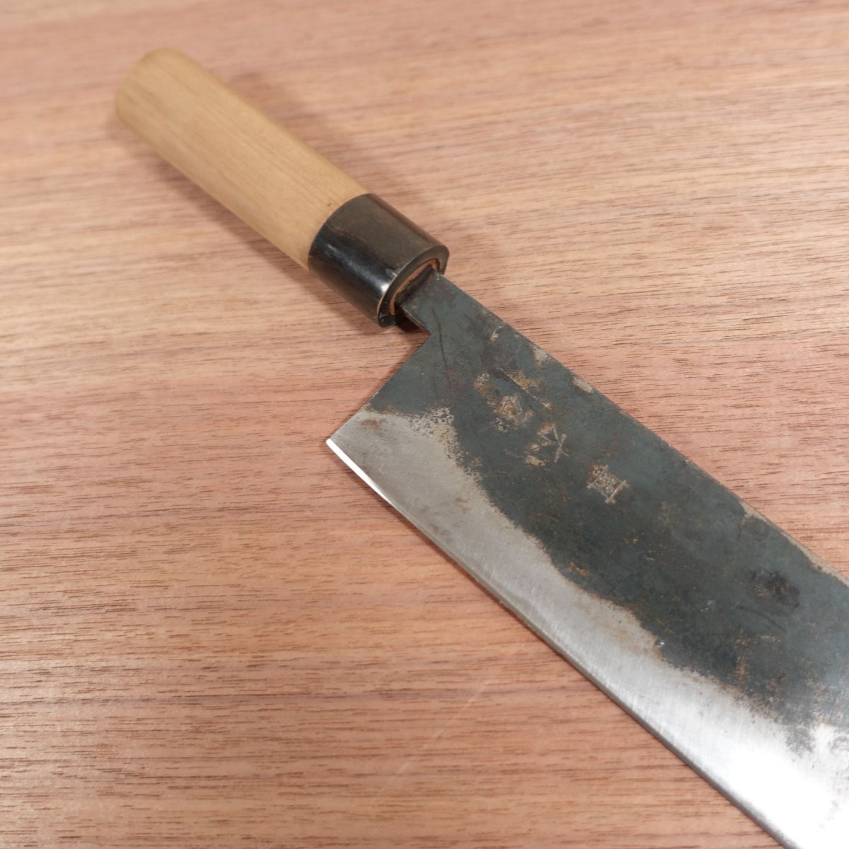 Izutsuki Kiya Nakiri Knife, Sharpened, Water Buffalo Handle, Kurouchi Finish, Yasuki Blue Paper Steel, 160mm