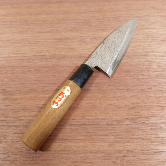 Okeya Aji-Kiri Knife, Sharpened, Tsuchime Finish, Ko-Deba Knife, Carbon Steel, 110mm
