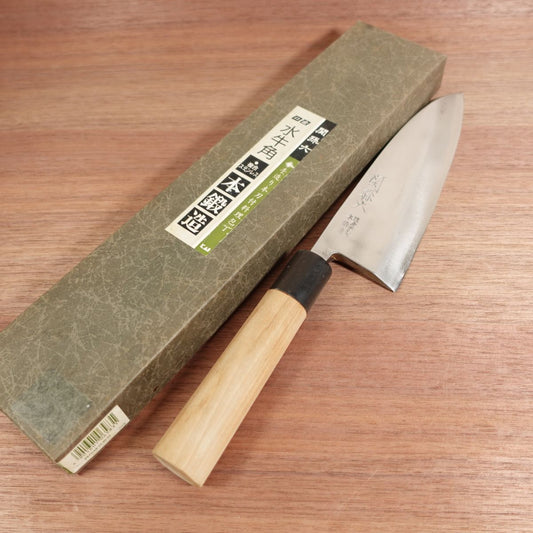 Seki Magoroku Deba Knife, Sharpened, Water Buffalo Handle, Composite Stainless Steel, Hon-Tanzo, Box Included, Unused Stored Item, Single Bevel, 185mm