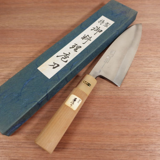 Kanekuma Deba Knife, Sharpened, White Water Buffalo Handle, Saijo, Kanekuma Bessaku, Box Included, Unused Stored Item, Carbon Steel, Single Bevel, 170mm