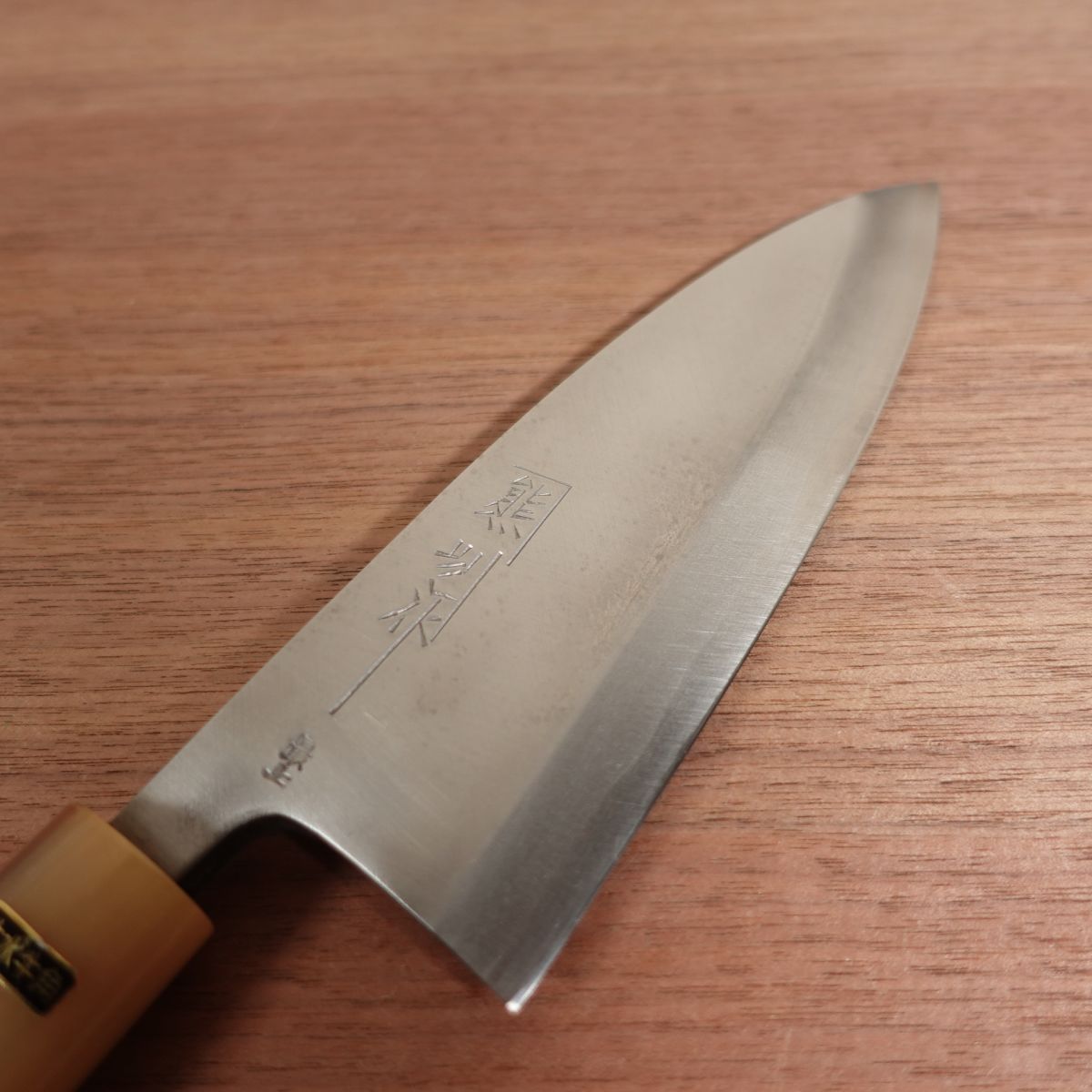 Kanekuma Deba Knife, Sharpened, White Water Buffalo Handle, Saijo, Kanekuma Bessaku, Box Included, Unused Stored Item, Carbon Steel, Single Bevel, 170mm