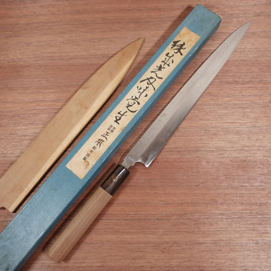 Masamoto Sohonten Yanagiba Knife, Sharpened, Pure Japanese Steel, Water Buffalo Handle, Sashimi Knife, Honyaki, Lightly Used, Wooden Sheath Included, Boxed, 300mm