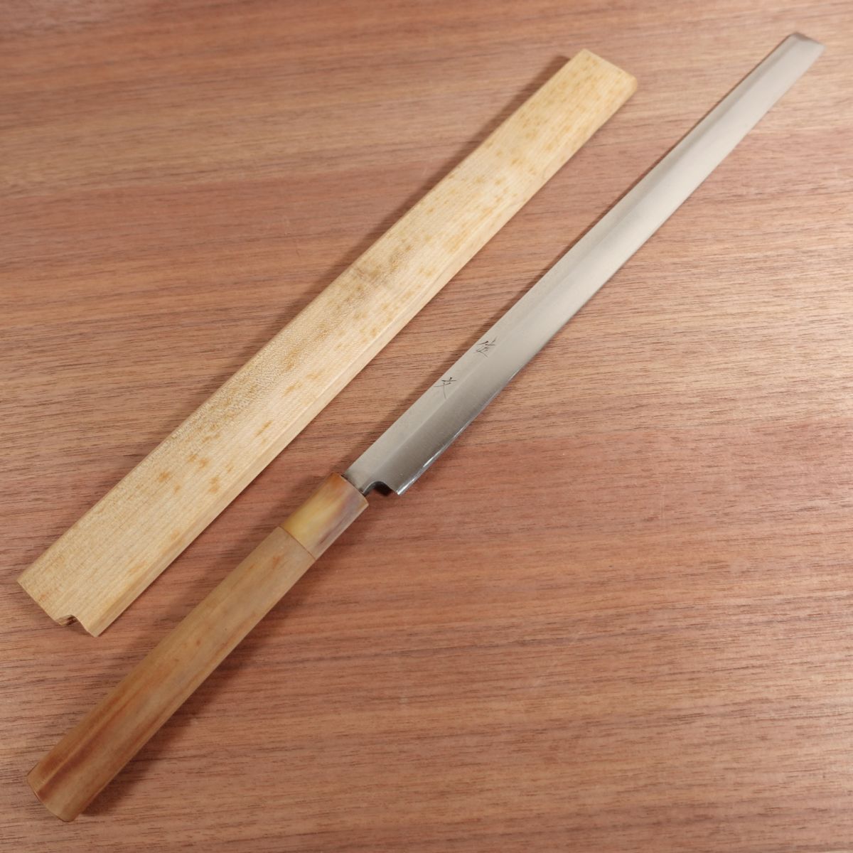 Sabun Takohiki Knife, Sharpened, White Water Buffalo Handle, Sashimi Knife, Carbon Steel, Single Bevel, Wooden Saya, 335mm