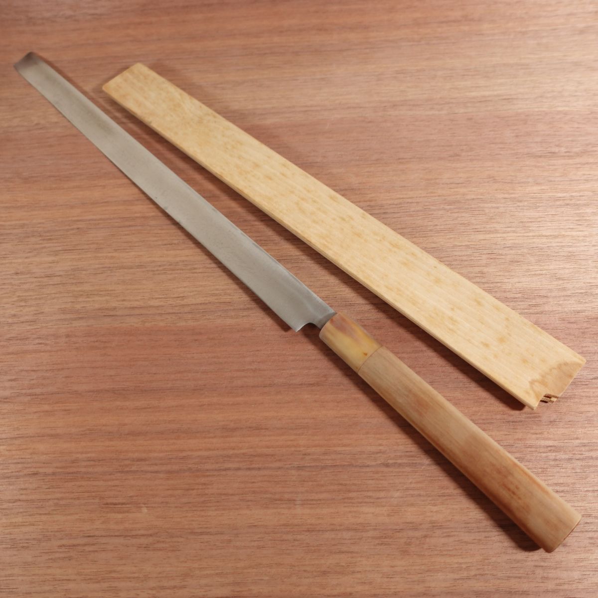 Sabun Takohiki Knife, Sharpened, White Water Buffalo Handle, Sashimi Knife, Carbon Steel, Single Bevel, Wooden Saya, 335mm