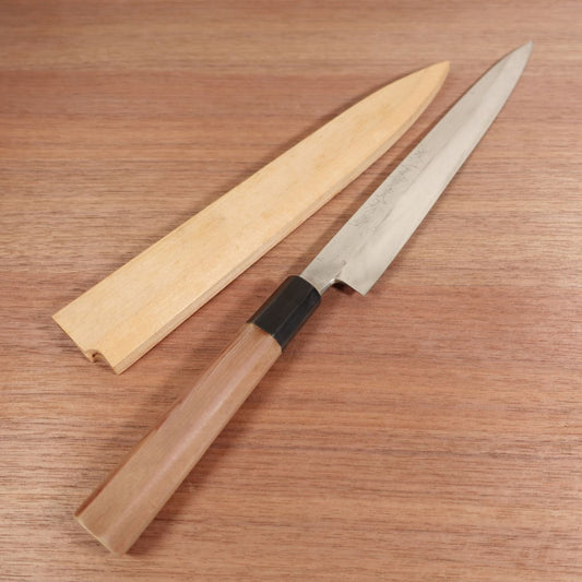 Sakai Ichimonji Mitsuhide Yanagiba, Sharpened, Mizuhonyaki, Shirogami No. 2, Water Buffalo Octagonal Handle, Mirror Finish Remains, Wooden Saya, Sashimi Knife, Carbon Steel, Single Bevel, 240mm