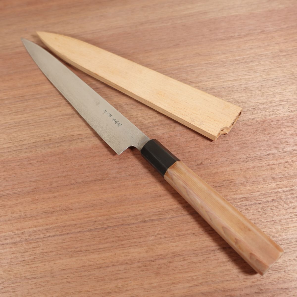 Sakai Ichimonji Mitsuhide Yanagiba, Sharpened, Mizuhonyaki, Shirogami No. 2, Water Buffalo Octagonal Handle, Mirror Finish Remains, Wooden Saya, Sashimi Knife, Carbon Steel, Single Bevel, 240mm