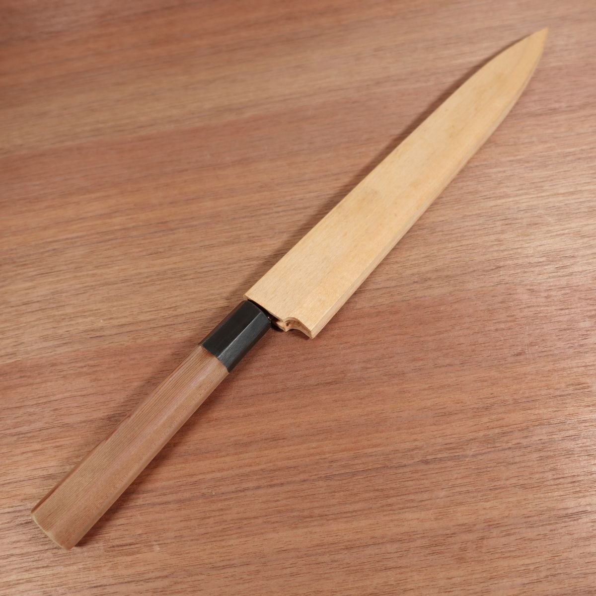 Sakai Ichimonji Mitsuhide Yanagiba, Sharpened, Mizuhonyaki, Shirogami No. 2, Water Buffalo Octagonal Handle, Mirror Finish Remains, Wooden Saya, Sashimi Knife, Carbon Steel, Single Bevel, 240mm