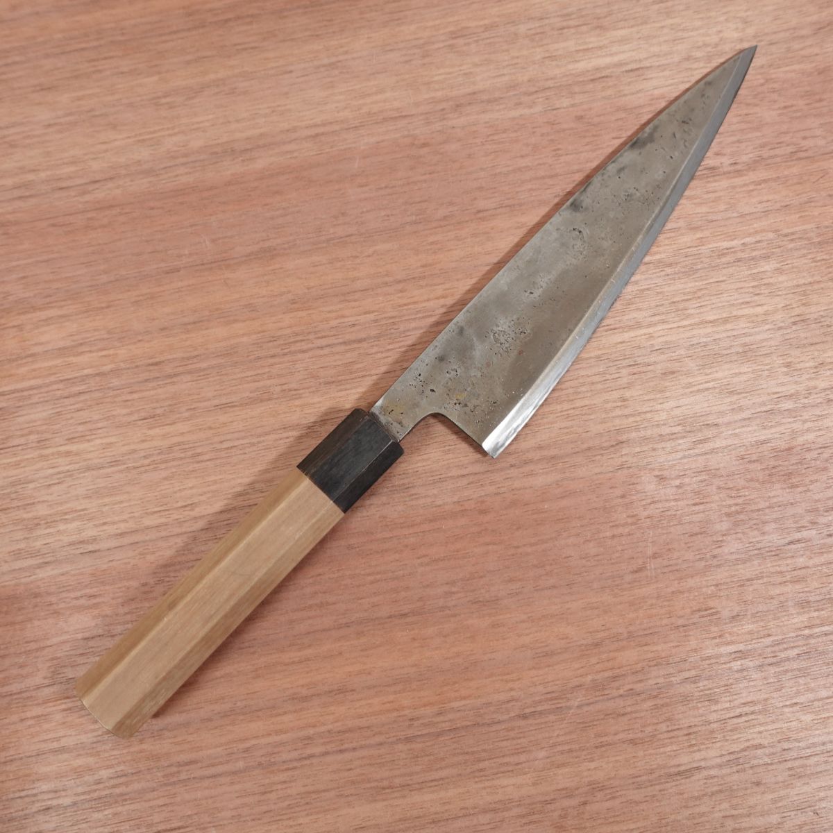[HYPER REBORN] Tsukiji Masamoto Mioroshi Knife, Sharpened, Octagonal Water Buffalo Handle, Black Oxide Finish, Tea Patina, Deba Knife, Wa-Gyuto, Single Bevel, 215mm