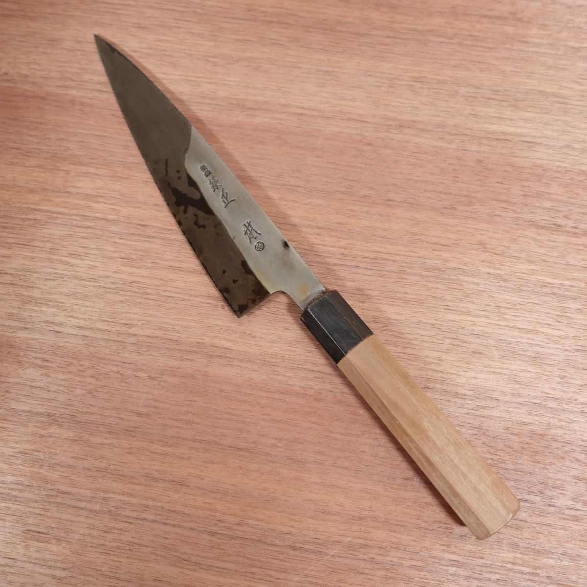 [HYPER REBORN] Tsukiji Masamoto Mioroshi Knife, Sharpened, Octagonal Water Buffalo Handle, Black Oxide Finish, Tea Patina, Deba Knife, Wa-Gyuto, Single Bevel, 215mm