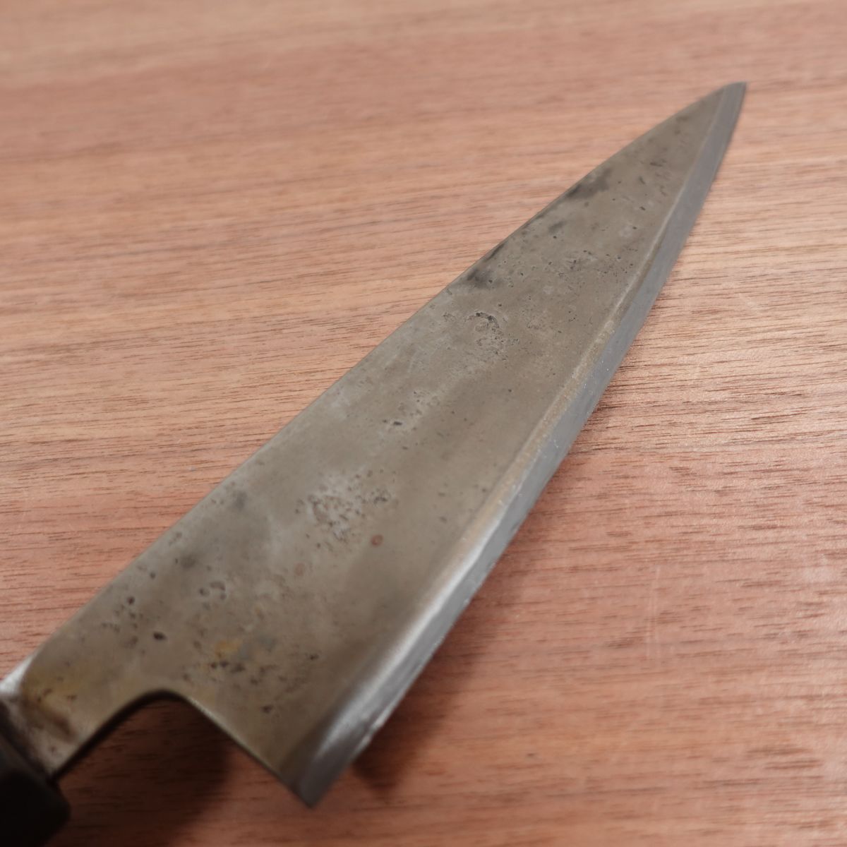 [HYPER REBORN] Tsukiji Masamoto Mioroshi Knife, Sharpened, Octagonal Water Buffalo Handle, Black Oxide Finish, Tea Patina, Deba Knife, Wa-Gyuto, Single Bevel, 215mm