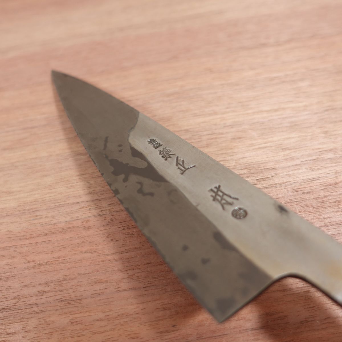 [HYPER REBORN] Tsukiji Masamoto Mioroshi Knife, Sharpened, Octagonal Water Buffalo Handle, Black Oxide Finish, Tea Patina, Deba Knife, Wa-Gyuto, Single Bevel, 215mm