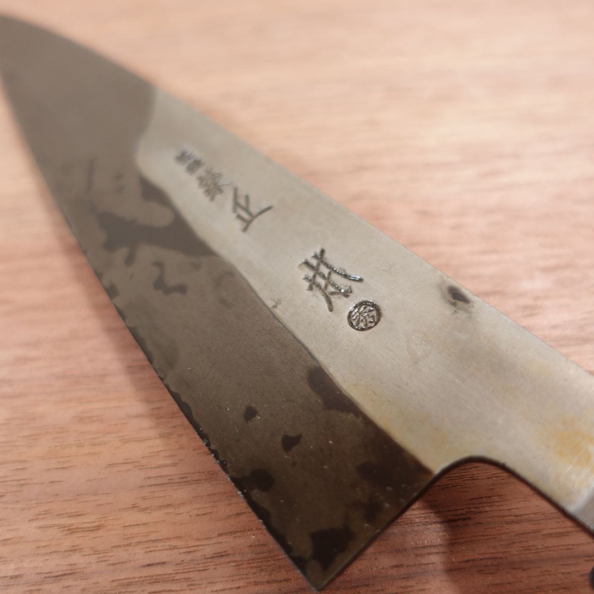 [HYPER REBORN] Tsukiji Masamoto Mioroshi Knife, Sharpened, Octagonal Water Buffalo Handle, Black Oxide Finish, Tea Patina, Deba Knife, Wa-Gyuto, Single Bevel, 215mm