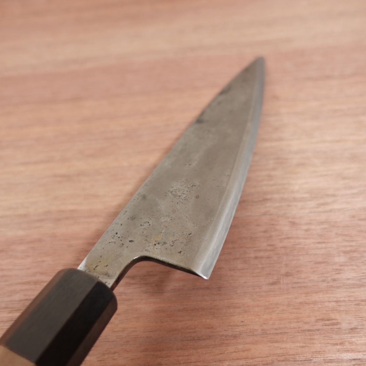 [HYPER REBORN] Tsukiji Masamoto Mioroshi Knife, Sharpened, Octagonal Water Buffalo Handle, Black Oxide Finish, Tea Patina, Deba Knife, Wa-Gyuto, Single Bevel, 215mm