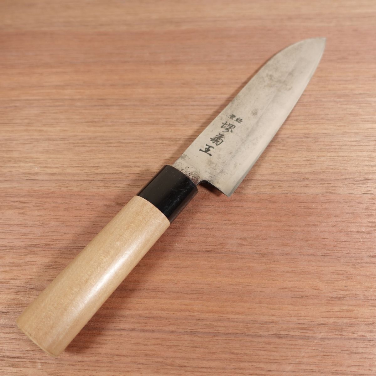 Sakai Kikuo Santoku Knife, Sharpened, Water Buffalo Handle, Single Bevel, All-Purpose Knife, Carbon Steel, Thin Deba-Like Profile, Handle Nearly New, 165mm