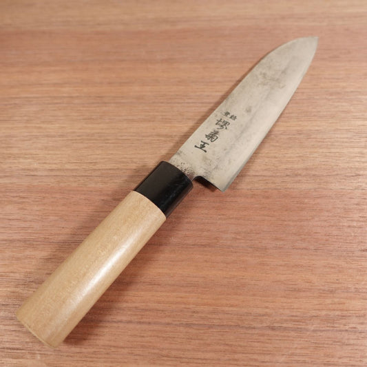 Sakai Kikuo Santoku Knife, Sharpened, Water Buffalo Handle, Single Bevel, All-Purpose Knife, Carbon Steel, Thin Deba-Like Profile, Handle Nearly New, 165mm