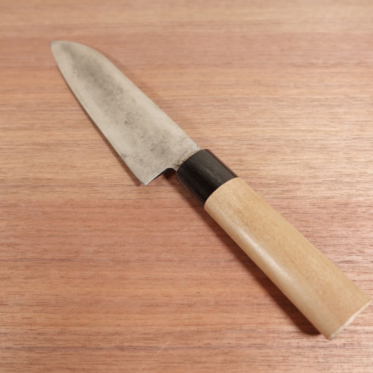 Sakai Kikuo Santoku Knife, Sharpened, Water Buffalo Handle, Single Bevel, All-Purpose Knife, Carbon Steel, Thin Deba-Like Profile, Handle Nearly New, 165mm