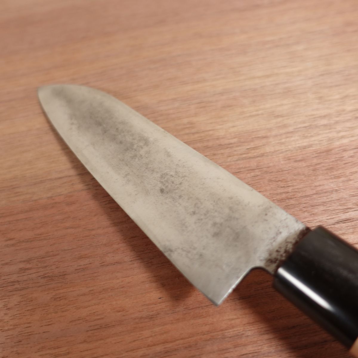 Sakai Kikuo Santoku Knife, Sharpened, Water Buffalo Handle, Single Bevel, All-Purpose Knife, Carbon Steel, Thin Deba-Like Profile, Handle Nearly New, 165mm