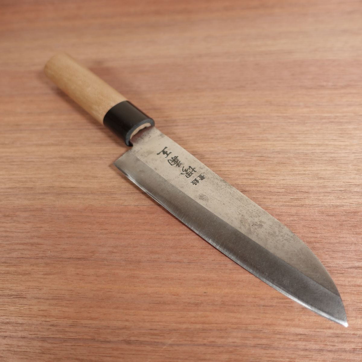 Sakai Kikuo Santoku Knife, Sharpened, Water Buffalo Handle, Single Bevel, All-Purpose Knife, Carbon Steel, Thin Deba-Like Profile, Handle Nearly New, 165mm
