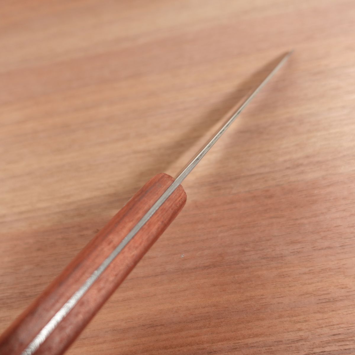 Fujiwara Teruyasu Small Santoku Knife, Sharpened, Custom Karin Handle, Nashiji Finish, Laminated Steel, 155mm