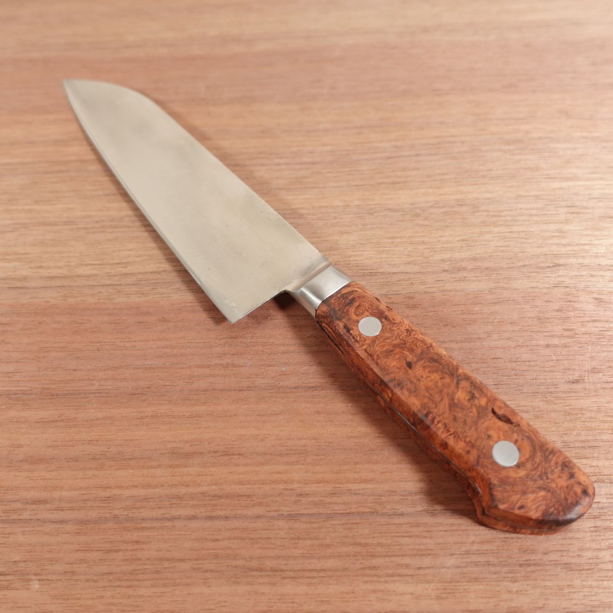Fujiwara Teruyasu Santoku Knife, Sharpened, Custom Karin Burl Handle, Laminated Steel, 180mm