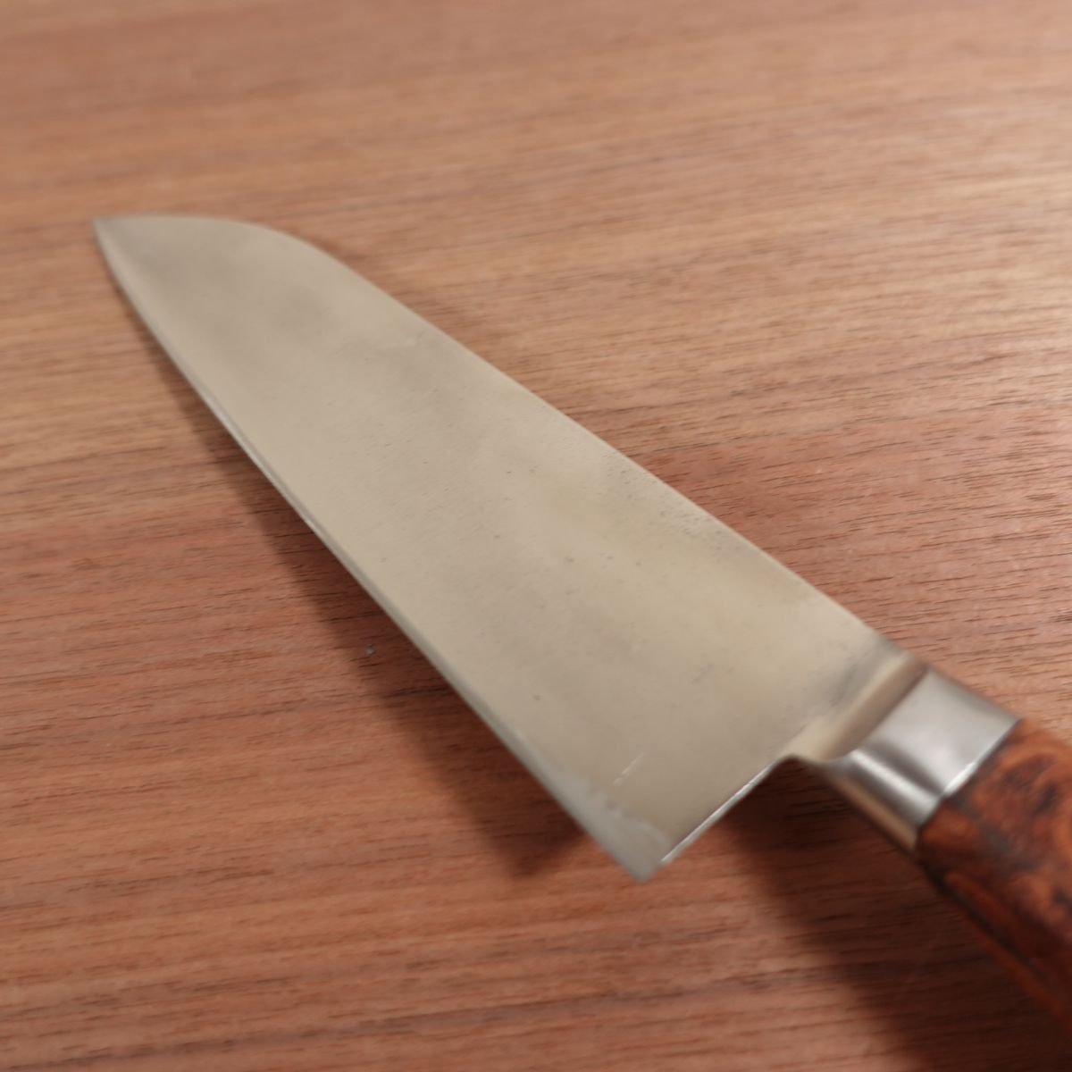 Fujiwara Teruyasu Santoku Knife, Sharpened, Custom Karin Burl Handle, Laminated Steel, 180mm