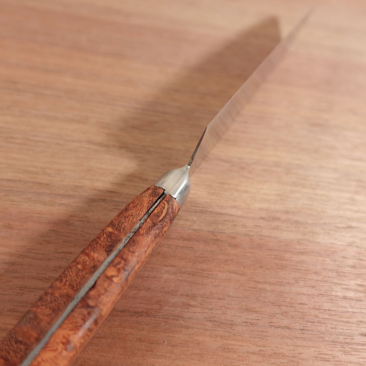 Fujiwara Teruyasu Santoku Knife, Sharpened, Custom Karin Burl Handle, Laminated Steel, 180mm