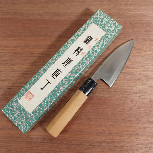 Kikumonji Ajikiri Knife, Sharpened, Ko-Deba, Ajikiri, Box Included, Unused Stored Item, Carbon Steel, Single Bevel, 110mm