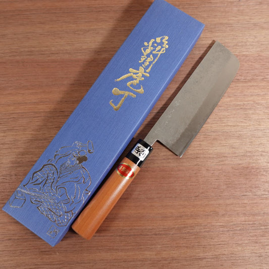 Kikumonji Gold Nakiri Knife, Sharpened, Hon-Tanzo, Nashiji, Handmade, Box Included, Unused Stored Item, Stainless Steel, Double Bevel, 160mm