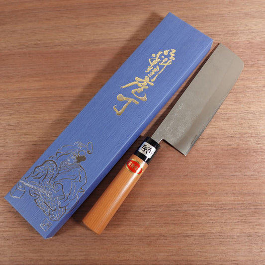 Kikumonji Gold Nakiri Knife, Sharpened, Hon-Tanzo, Nashiji, Box Included, Unused Stored Item, Stainless Steel, Double Bevel, 160mm